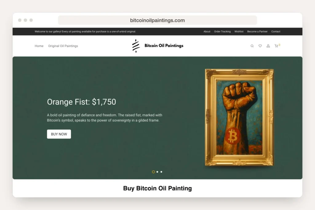 bitcoinoilpaintings.com homepage displayed in a desktop browser window