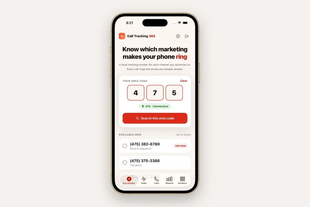 Call Tracking 365 dashboard appears on a gold iPhone for Norwalk