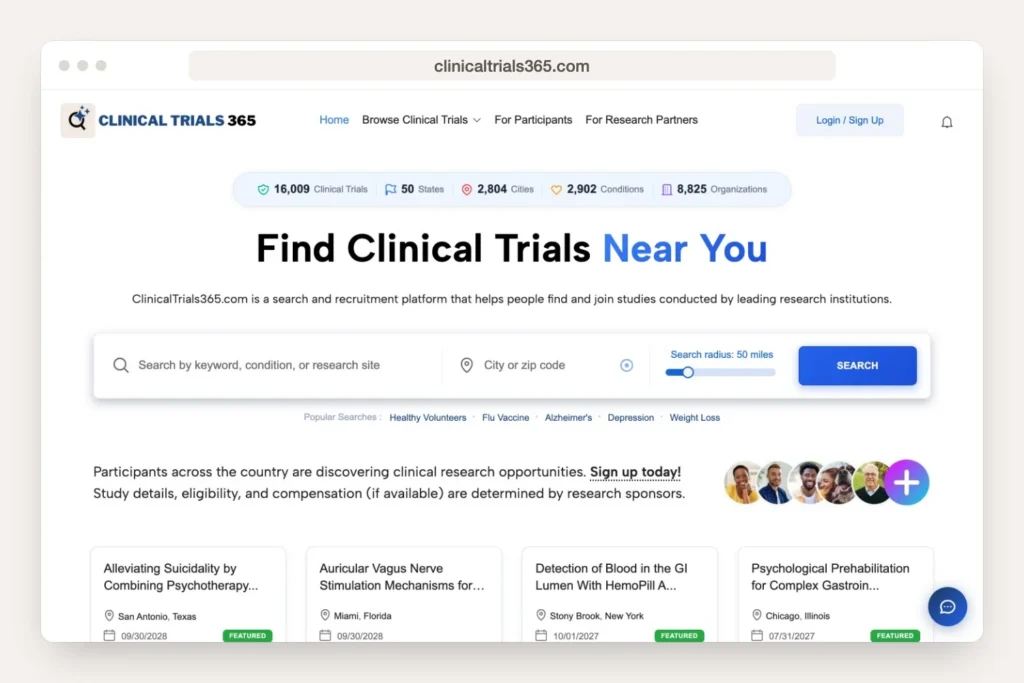 clinicaltrials365.com homepage displayed in a desktop browser window