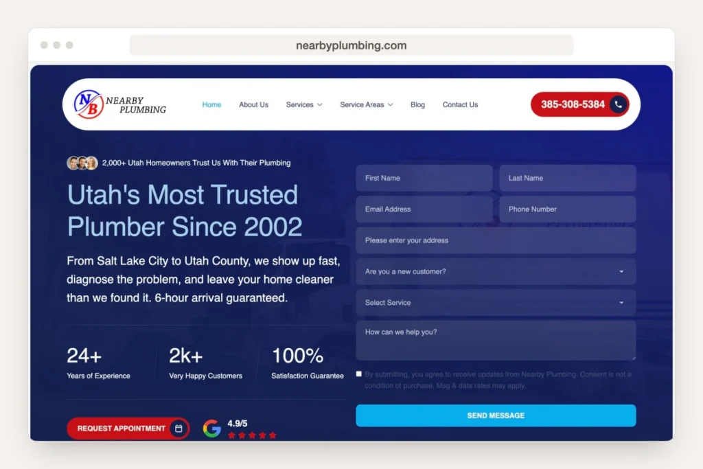 nearbyplumbing.com homepage shown in a desktop browser window