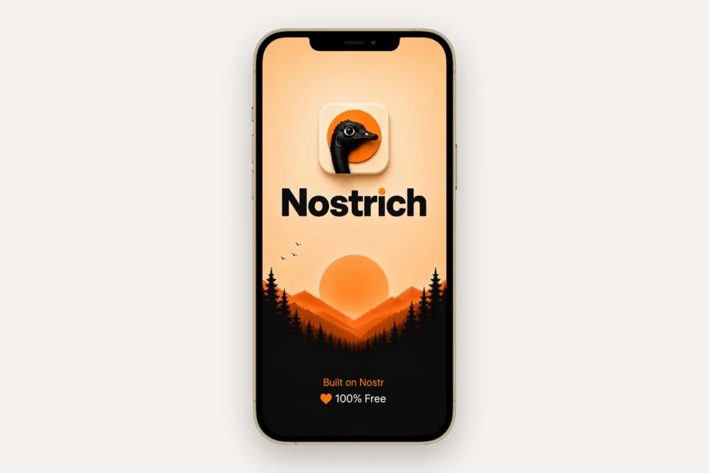 Nostrich splash screen fills a gold iPhone display in Norwalk