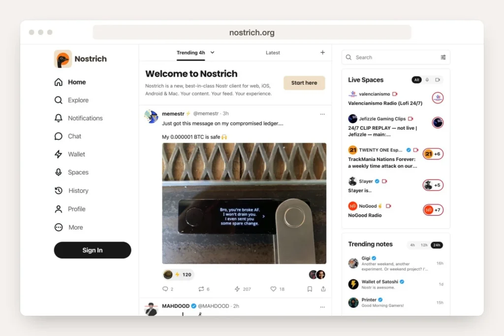 nostrich.org homepage shown in a desktop browser window