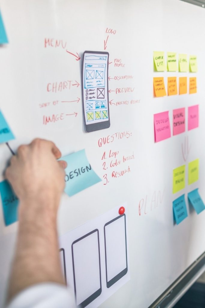 Hand adds sticky notes next to a phone app wireframe on whiteboard