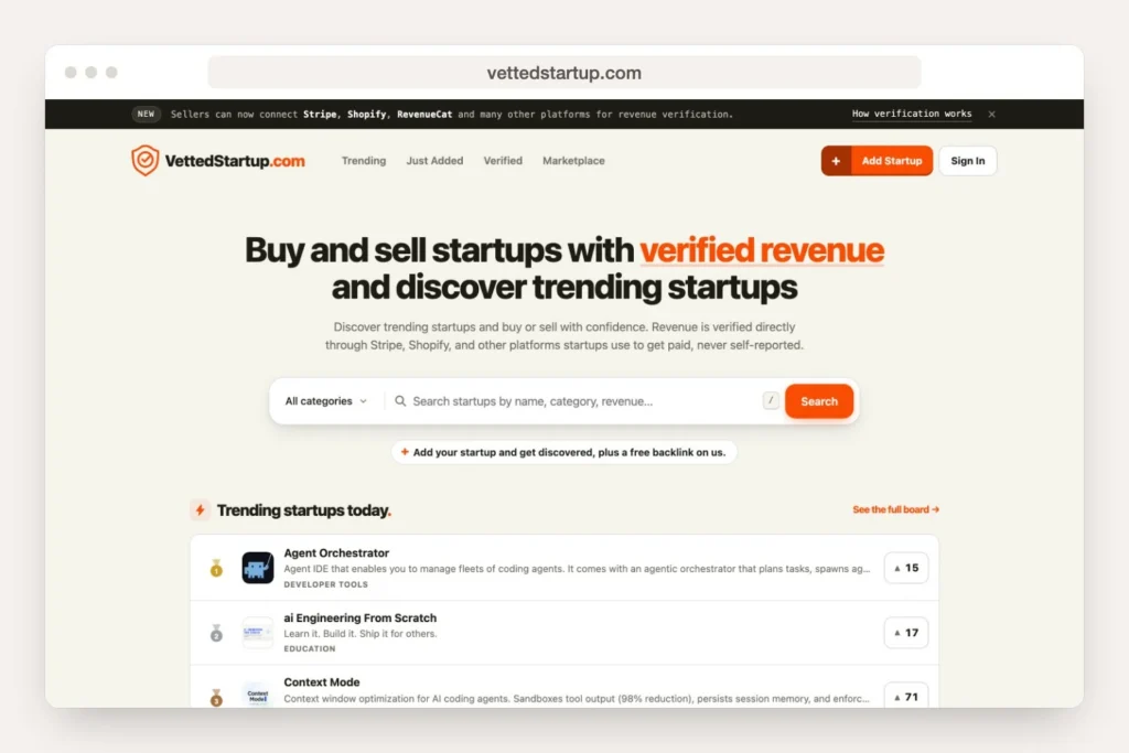 vettedstartup.com homepage displayed in a desktop browser window