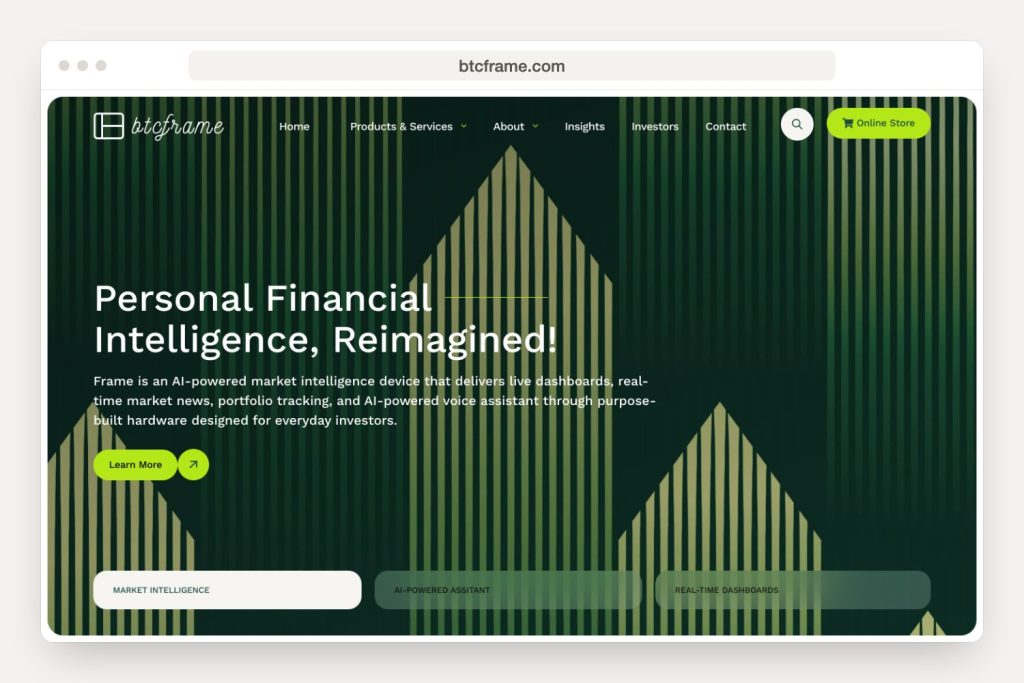 Home page of btcframe.com shown in a browser window