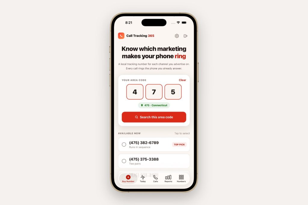 Call Tracking 365 app home screen on a gold iPhone