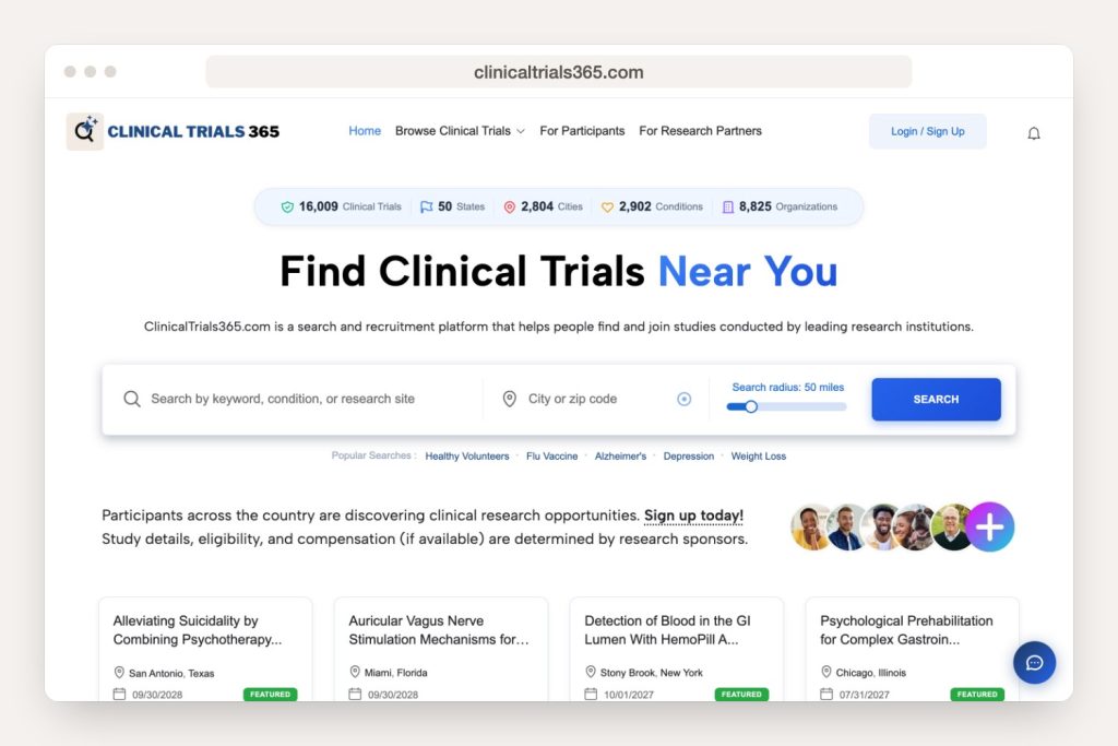 Home page of clinicaltrials365.com shown in a browser window