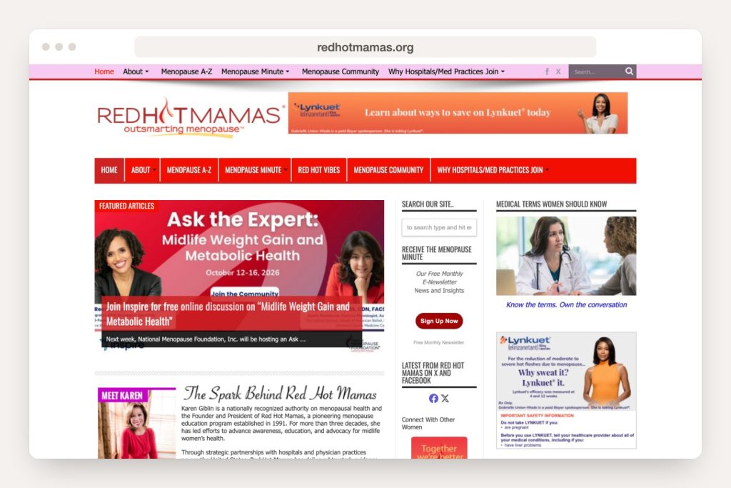 Home page of redhotmamas.org shown in a browser window