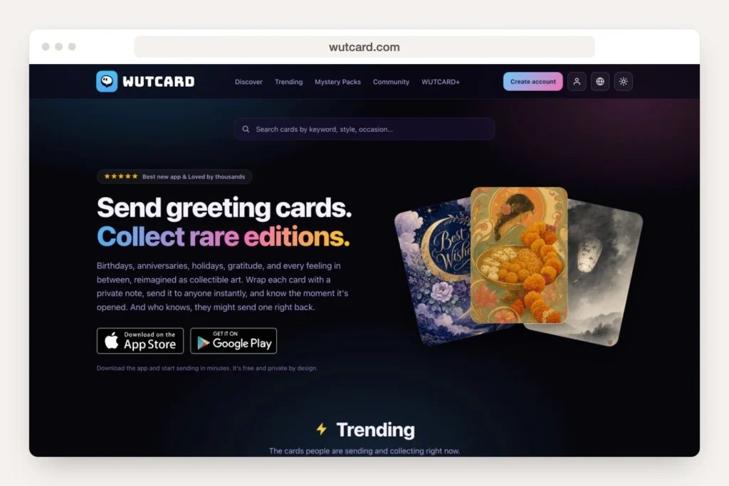 wutcard.com homepage shown in a desktop browser window