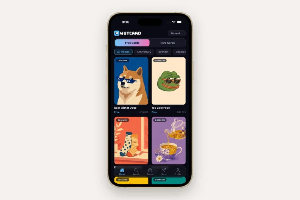 WUTCARD app home screen fills a gold iPhone display for Norwalk recent work
